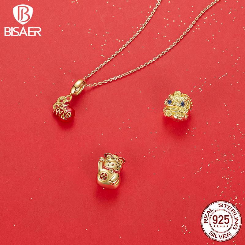 BISAER 925 Silver Lucky Koi Cat Pawprint Charm Bead Weaved Bag Pendant Plated Gold Fit Women DIY Bracelet Fine Jewelry