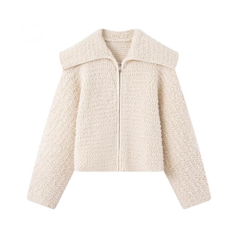 2026 Spring European Style Large Lapel Pearl Leather Wool Knit Jacket S