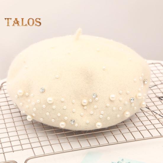 Women Beret Faux Pearl Rhinestone Decor Vintage English Style Woolen Hat No Brim Solid Color Adjustable Straps Pumpkin Cap