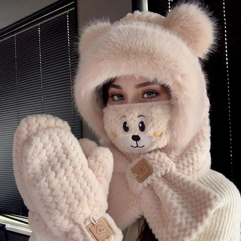 Bear Hat Scarf Integrated Women's Autumn and Winter Riding Cold Scarf Warm Ear Protection Cute Plush Gloves Mask