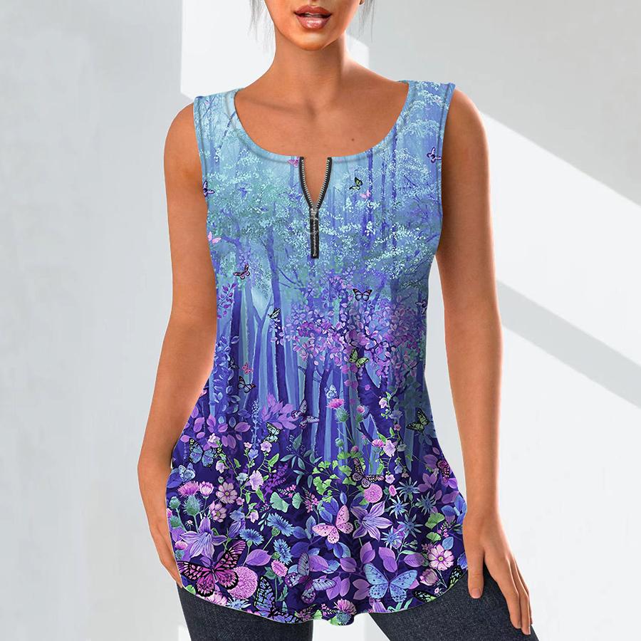 Women's Fashion V Neck Shirts Casual Tops T-shirt Ladies 3D Beautiful Forest Print Vest Plus Size Sleeveless Blouse Tank Tops