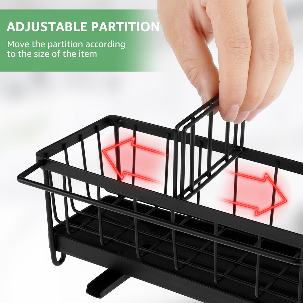 Kitchen Sponge Holder Carbon Steel Sink Drain Rack with Brush Holder and Adjustable Divider Kitchen Bathroom Storage Accessories