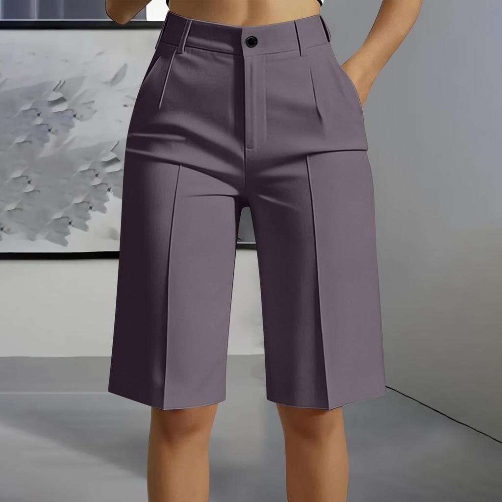 High Waist Straight Leg Bermuda Shorts for Women Casual Tailored Office Style Five Inch Length with Belt Loops and Front Pleats