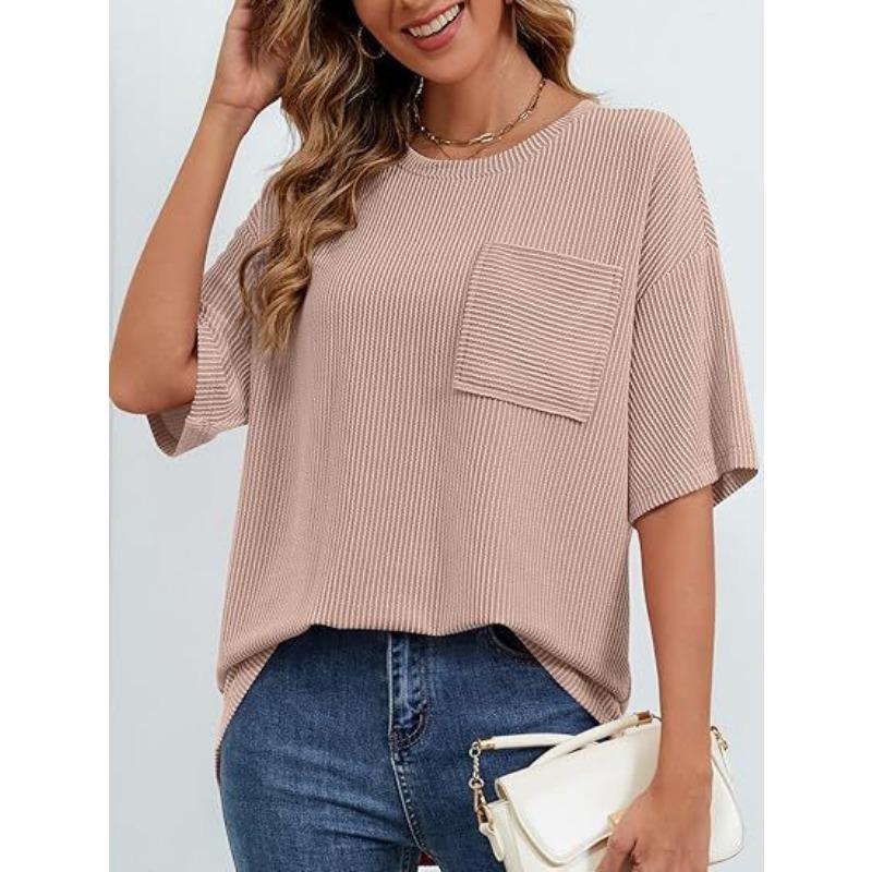 Women's Summer Short Sleeve Patch Pocket Top Oversized Round Neck Textured Casual Basic T-Shirt