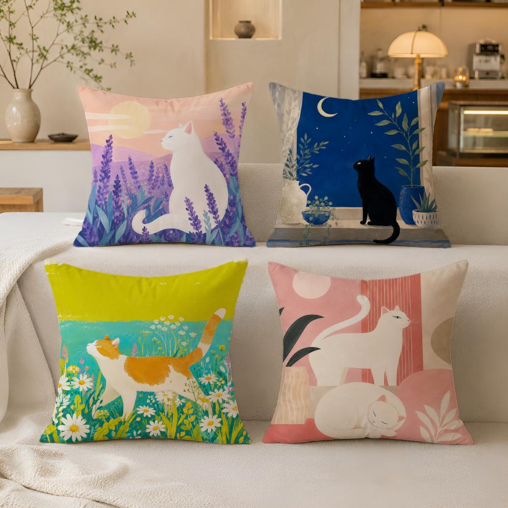 Color Fashion Cat Cute Cartoon Cushion Cover Breathable Cushion Covers Machine Washable WrinkleResistant Soft Durable