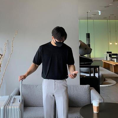 350G Cotton Heavyweight Small Neck T-shirt Men Korean Style Solid Color Thick Casual T Shirts