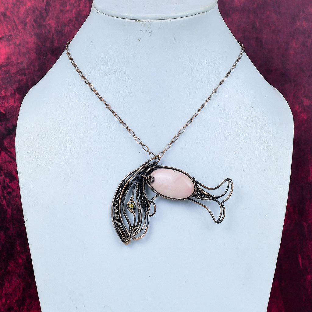 Pink Opal Gemstone Pendant Fish Pendant Copper Wire Wrapped Handmade Jewelry