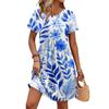 Women Short Sleeve Floral Print Casual Dress Round Neck Waist Tie Pocket Lightweight Summer Dress