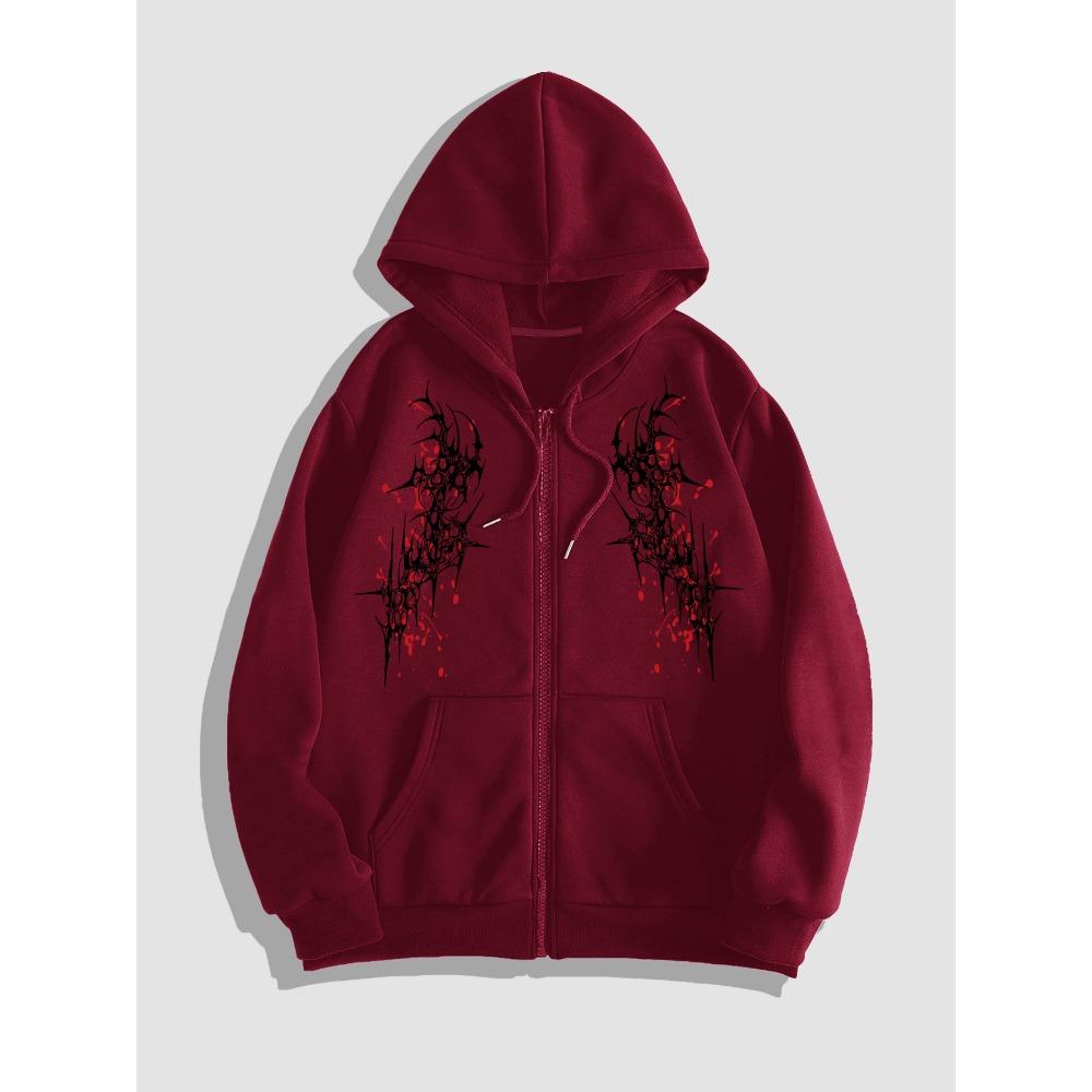 Men's Avant-garde Black Hooded Jacket with Complex Dark Graffiti and Thorn Print - Casual Zipper Cardigan for Autumn and Winter