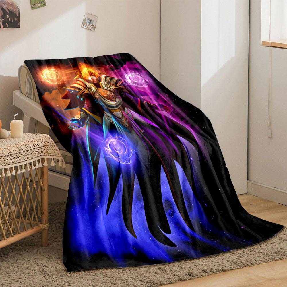 A vibrant figure surrounded by glowing orbs, flames, and radiant armor. for all seasons blanket lunch break throw gift
