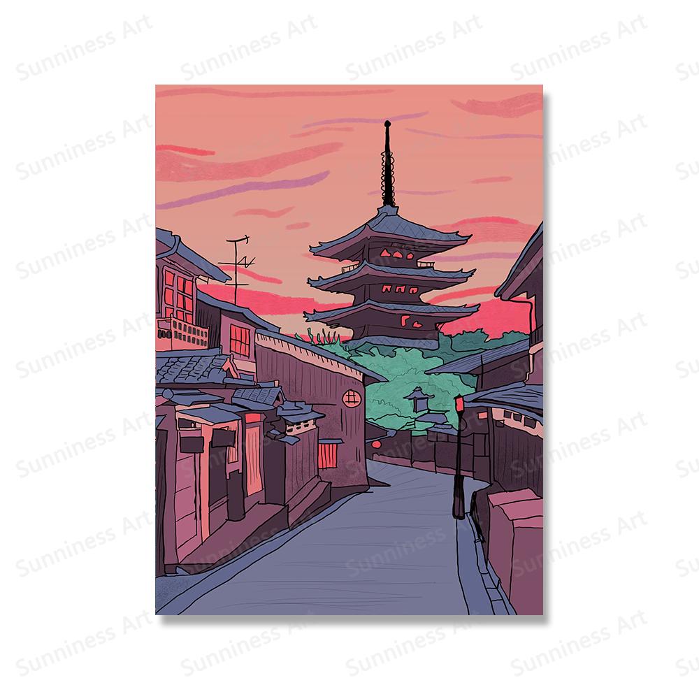 Comics Posters Kyoto City Walk Town Prints Cartoon Japan View Street Landscape Painting Wall Art Pictures for Living Room Decor