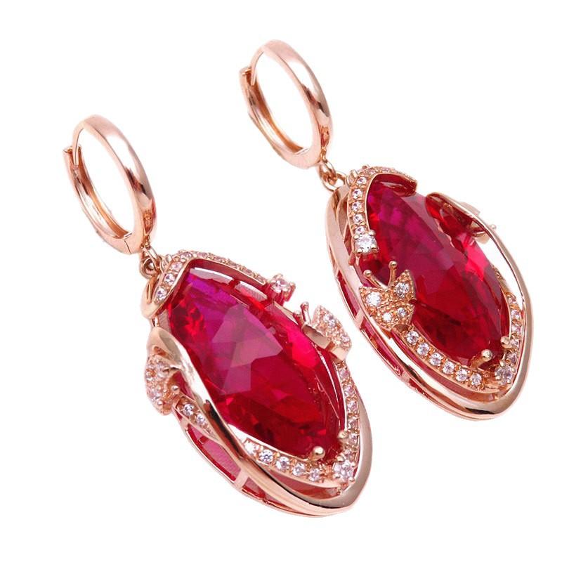 Exquisite Russian Purple Gold Inlaid Colored Gold Luxury Temperament Style Korean Version Water Drop-Shaped Rose Gold Redstone Earrings