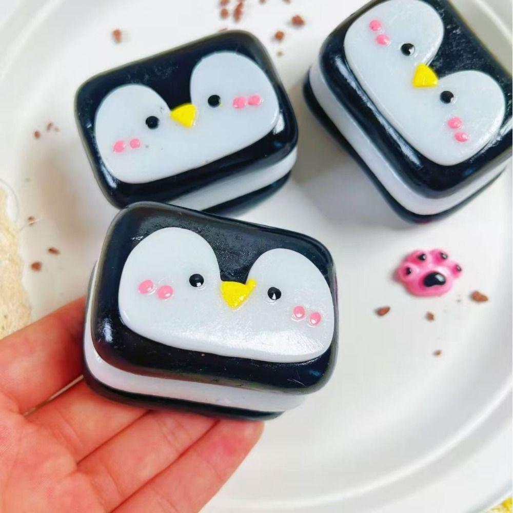 Cookie Shape Penguin Face Squishy Toy Glossy Surface Stress Relief Toy Daily Relaxation