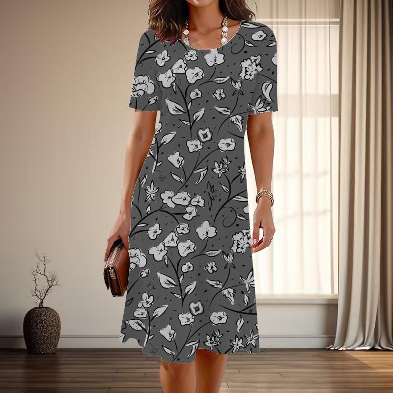 

Женская мода изящный цветочный принт принт лето весна короткий рукав О-образный вырез повседневные платья 8XL серый