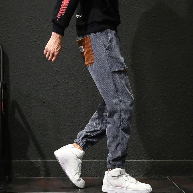 Winter Men Thick Warm Corduroy Sweatpants Men Cargo  Pants Color Matching Fleece Liner Elastic Waist Big Pocket Trousers Loose Sports Harem Pants