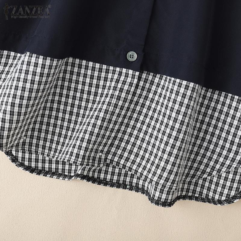 ZANZEA Damen Freizeit Rundhals Karomuster Patchwork Langarm Bluse