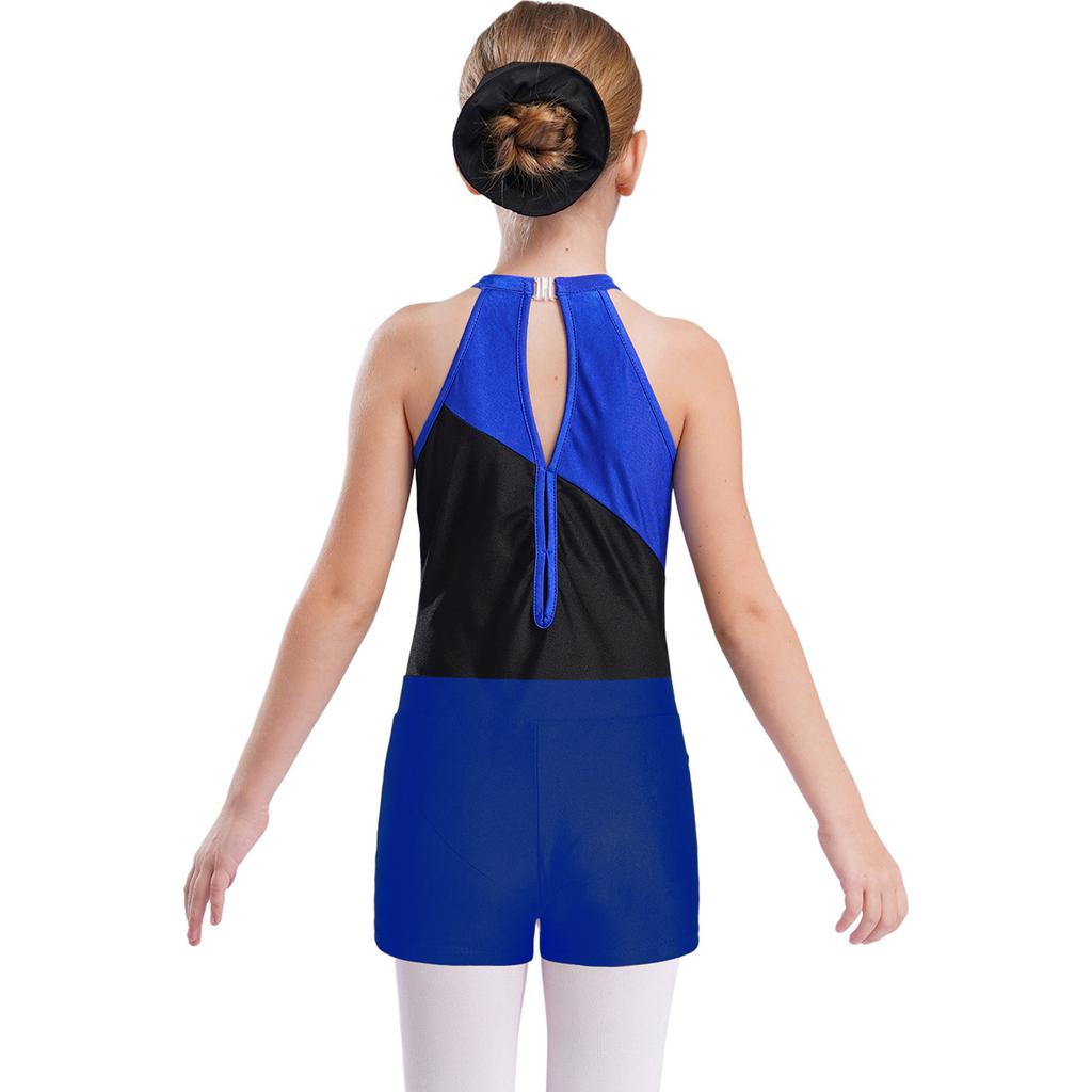 Girls Sleeveless Rhinestones Decorated Patchwork Leotard Hair Band V Front Waistband Shorts Gymnastics Training Dance Set