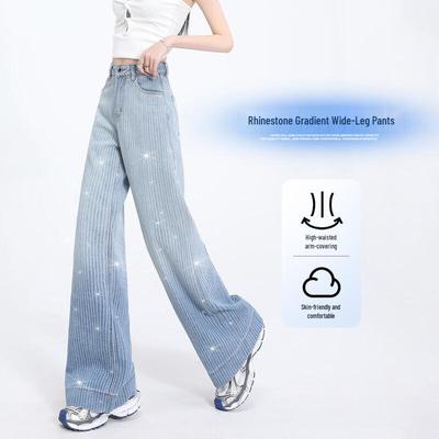 HSTYLE Women's Vintage Rhinestone Gradient Wide-Leg Jeans