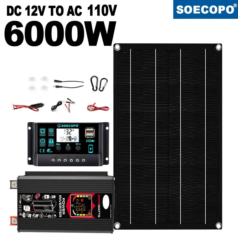 SOECOPO 6000W Solar Power Station 800W Panel 100A Controller 12V To 110V 220V AC with Alligator Clips for Camping Home CE FCC