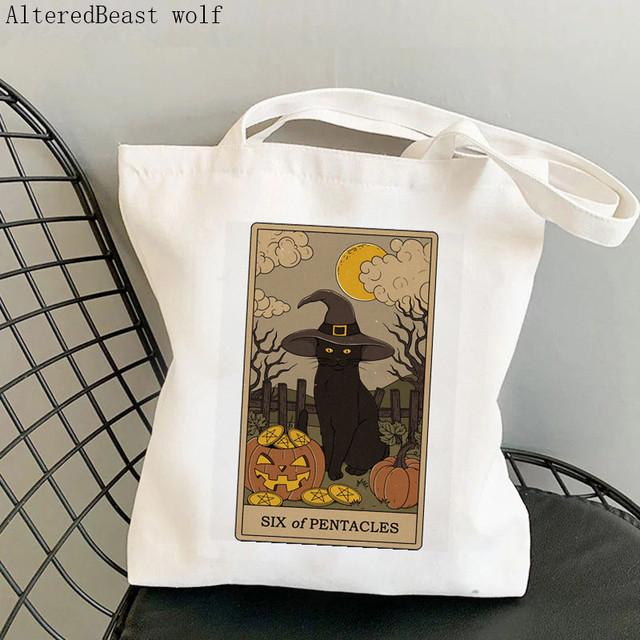 Kadın Alışveriş çantası Balık kedi Tarot Baskılı Kawaii Çanta Harajuku Alışveriş Kanvas Alışveriş Çantası kız çanta Tote Omuz Bayan Çantası