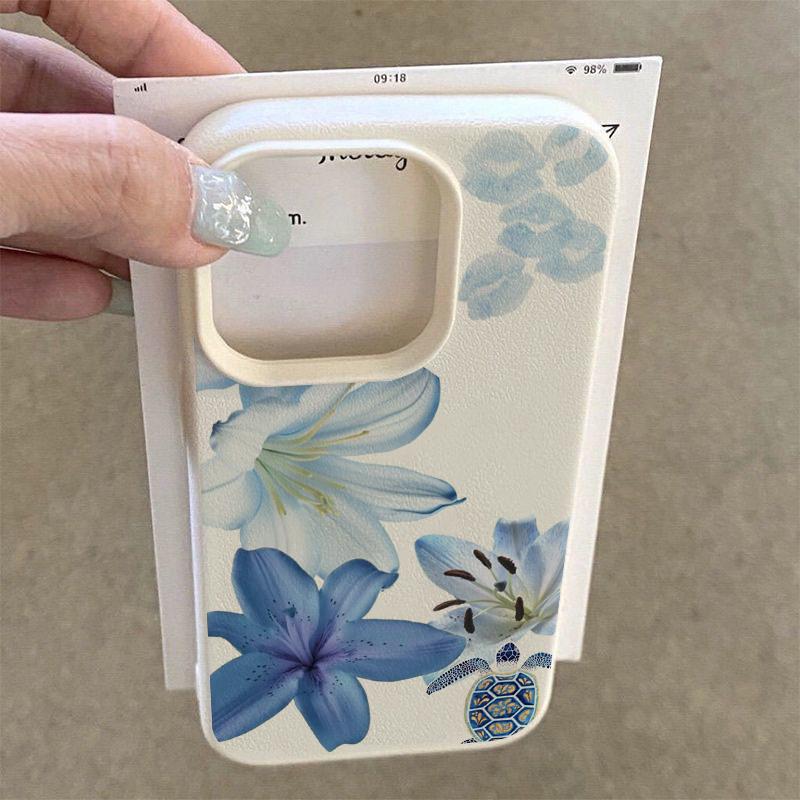 Blue Elegant Lily Flower Design White Lychee Pattern And Turtle Lip Prints for iPhone 17 16 Pro Max 14 15 13 Pro 12/11 Case