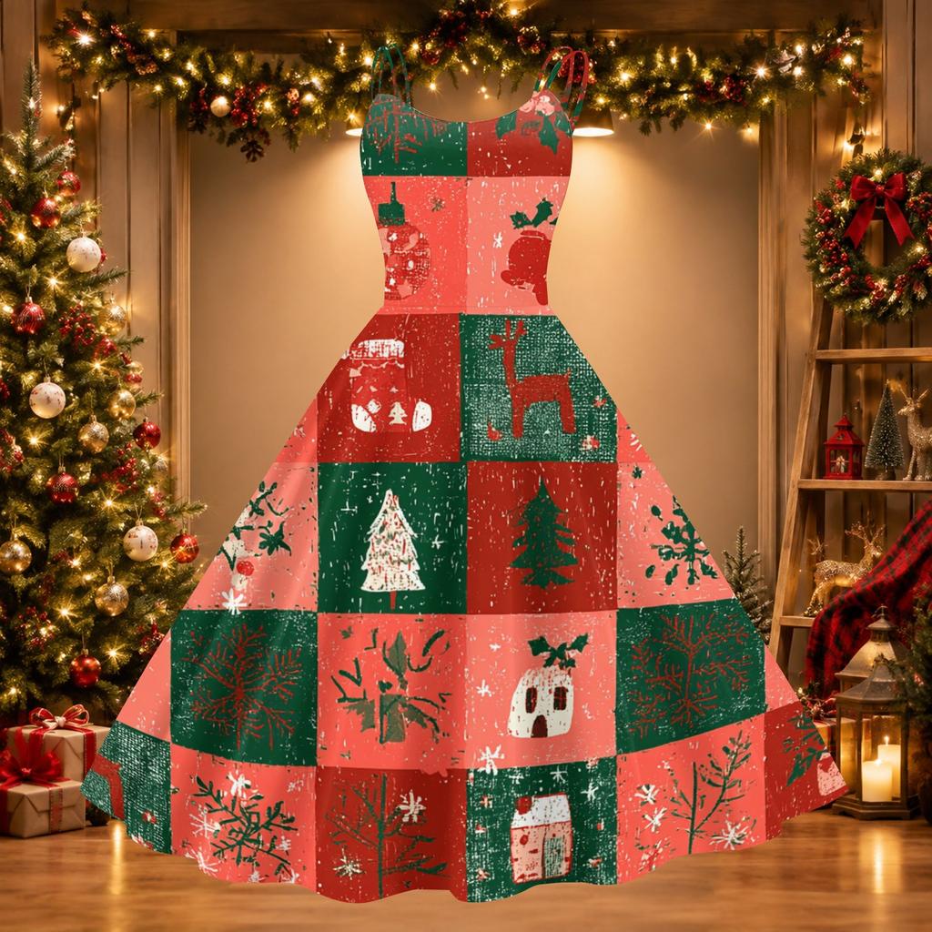 Damen Weihnachtsdruck Off-Shoulder Vintage Kleid