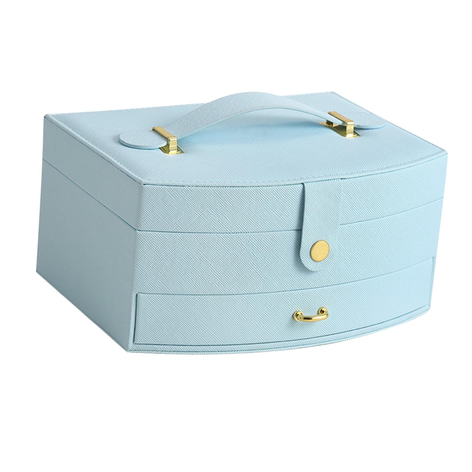 

Коробка для прикрас з дзеркалом, висувними шухлядами, великої місткості, з ПУ шкіри, портативна, двошарова, синя