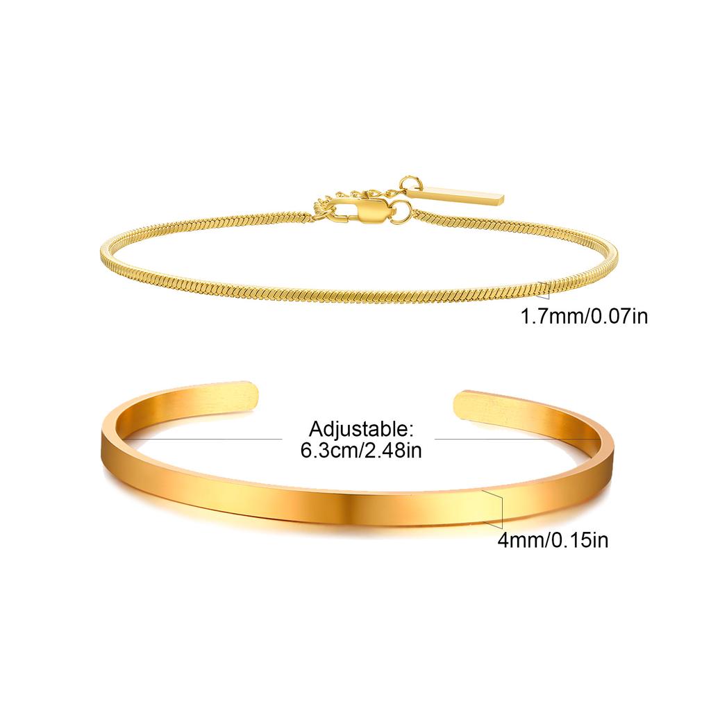 Men's 2pcs Set Simple Fashion Cuban Snake Link Chain Bracelet Stainless Steel Open Cuff Bangle Punk Hip Hop Jewelry Set Gifts