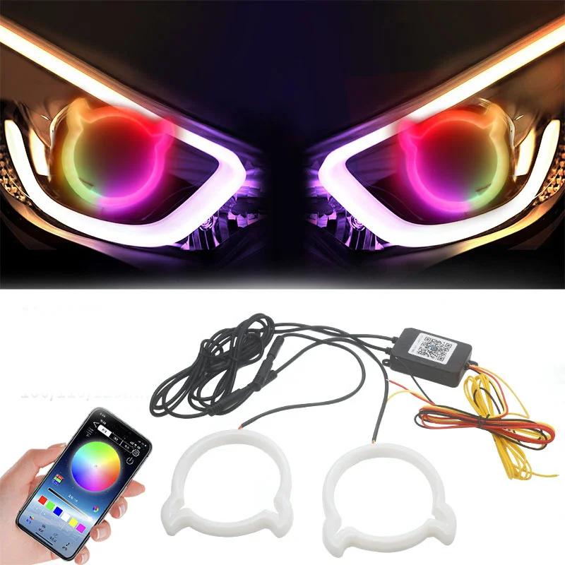 

New Car RGB LED Dynamic Angel Eye Ring Amber Turn Signal Light Application Bluetooth Headlight DRL 12V.