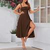 Women Sleeveless Dress Spaghetti Strap Square Neck Midi Dress Lace-Up Swing Long Dress Flowy A-Line