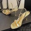 Liyke High Quality Crystal Diamond Square Toe Gladiator Sandals Women Elegant Party Wedding Shoes Rhinestone Heels Gold Sandal