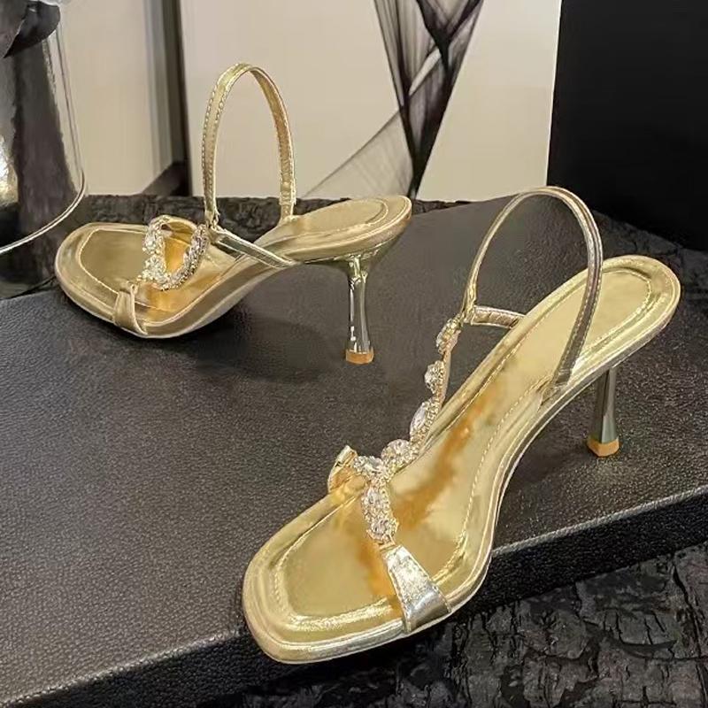 Liyke High Quality Crystal Diamond Square Toe Gladiator Sandals Women Elegant Party Wedding Shoes Rhinestone Heels Gold Sandal