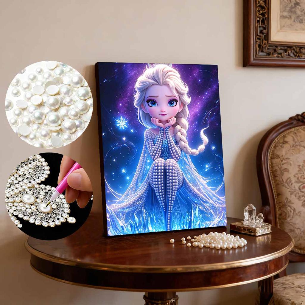 Chibi Starry Ice Elsa New Pearl-Inlaid Frameless Art | Handmade Pearl Craft, Dreamy Starry Ice Theme, for Cute Girly Frozen Style Home Decor