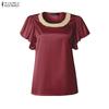 ZANZEA Women Pearl Splice Round Neck Casual Short Sleeve Satin Blouse
