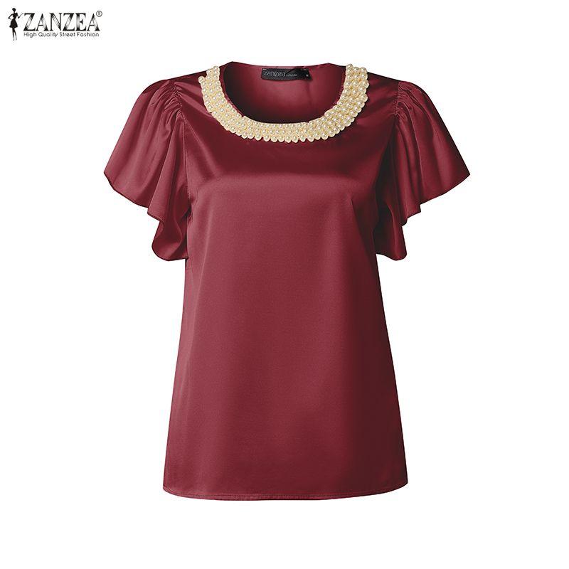 ZANZEA Women Pearl Splice Round Neck Casual Short Sleeve Satin Blouse