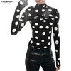 Men High Neck Gloves Long Sleeve Polka Dots Twisted Hooded Party Club T-shirts
