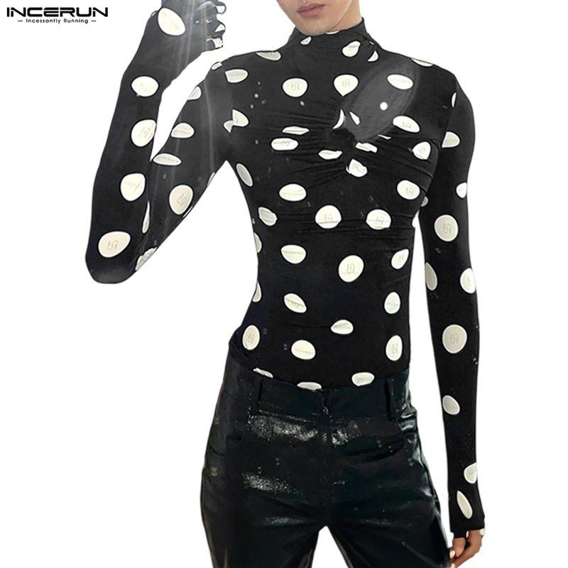 INCERUN Men High Neck Gloves Long Sleeve Polka Dots Twisted Hooded Party Club T-shirts