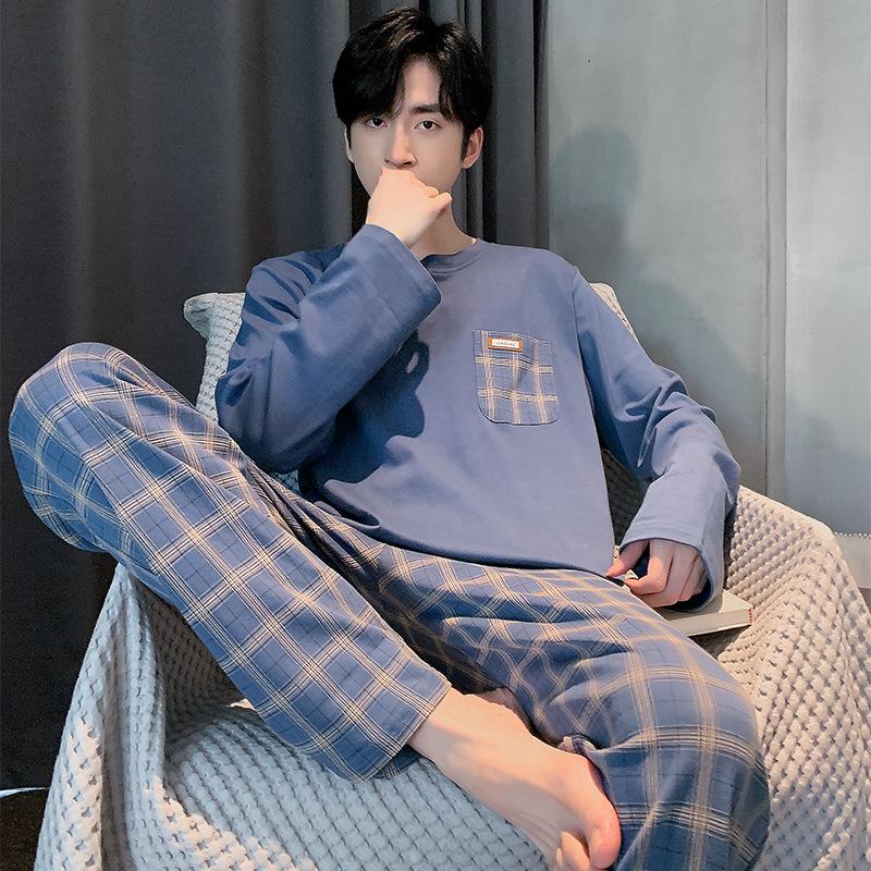 Frühlings-Baumwollpyjamas Herren Lounge Schlafbekleidung Blau Kariert Pijama Herren Morgenmantel Hauskleidung PJ Pijama Hombre