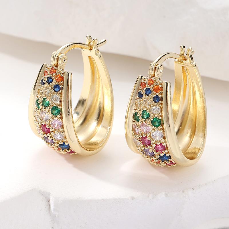 Delicate Sparking Golden Plated Inlaid Colored Synthetic Zirconia Hoop Earrings for Women Banquet Wedding Jewelry Crafts