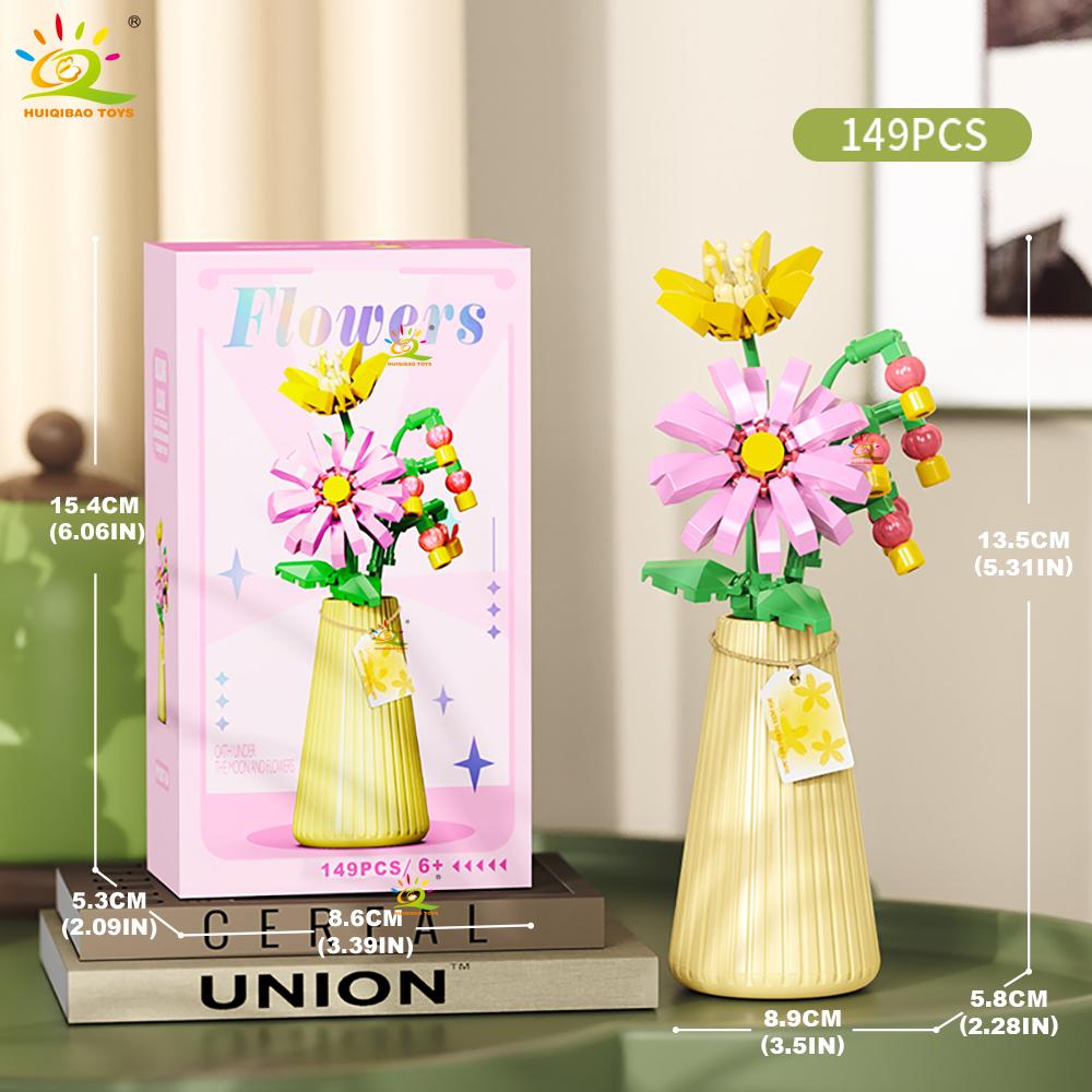 HUIQIBAO MOC Eternal Flower Bouquet with Pot Micro Building Block Sunflower Rose Mini Model Brick Toy Home Desk Decoration
