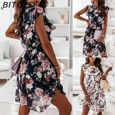 Mode Damen Lässig Locker O-Ausschnitt Schmetterlingsärmel Blumenmuster Kleid