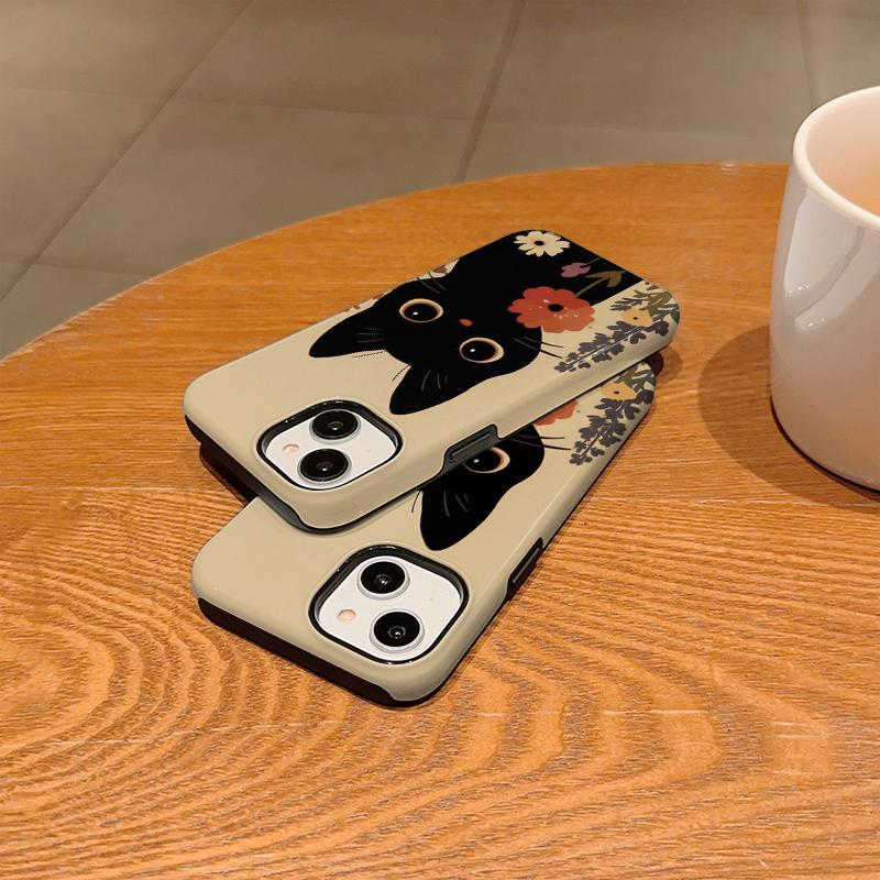 Big Eyed Floral Cute Black Cat Holding Flower Art Film Aesthetic Protective Shockproof Bumper Case Cover For iPhone 14 15 16 Pro Max Plus