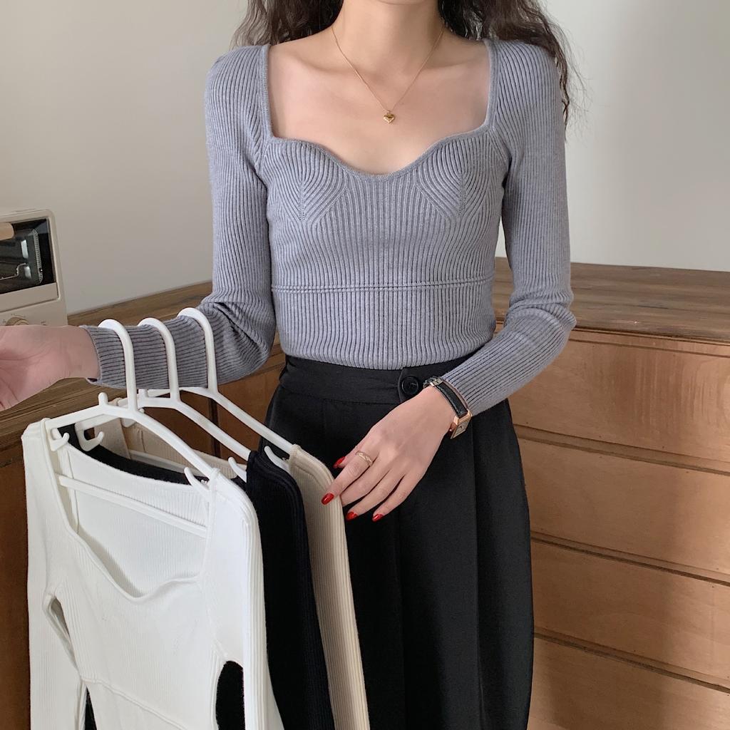 Retro French Style Square Neck Top for Women Long Sleeved Knitted Base Shirt for Women Slimming Off for Women Wearing A Thick Pullover Sweater Women