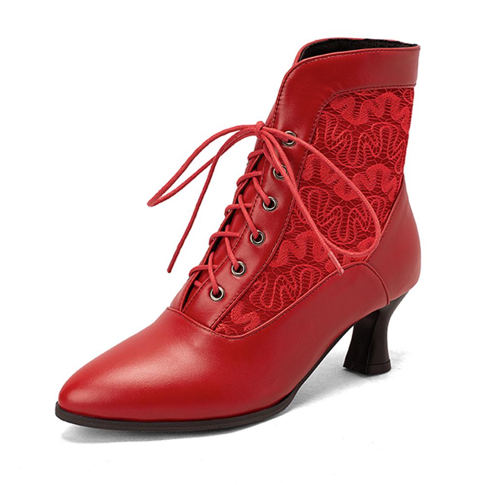 Fashion Women Victorian Pointed Toe Ankle Boots Leather Lace Hollow Out Punk Lace Up Strange Steampunk High Heel Shoes Plus Size 32-46