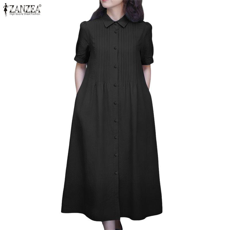 ZANZEA Vestido largo casual para mujer con cuello vuelto y manga corta