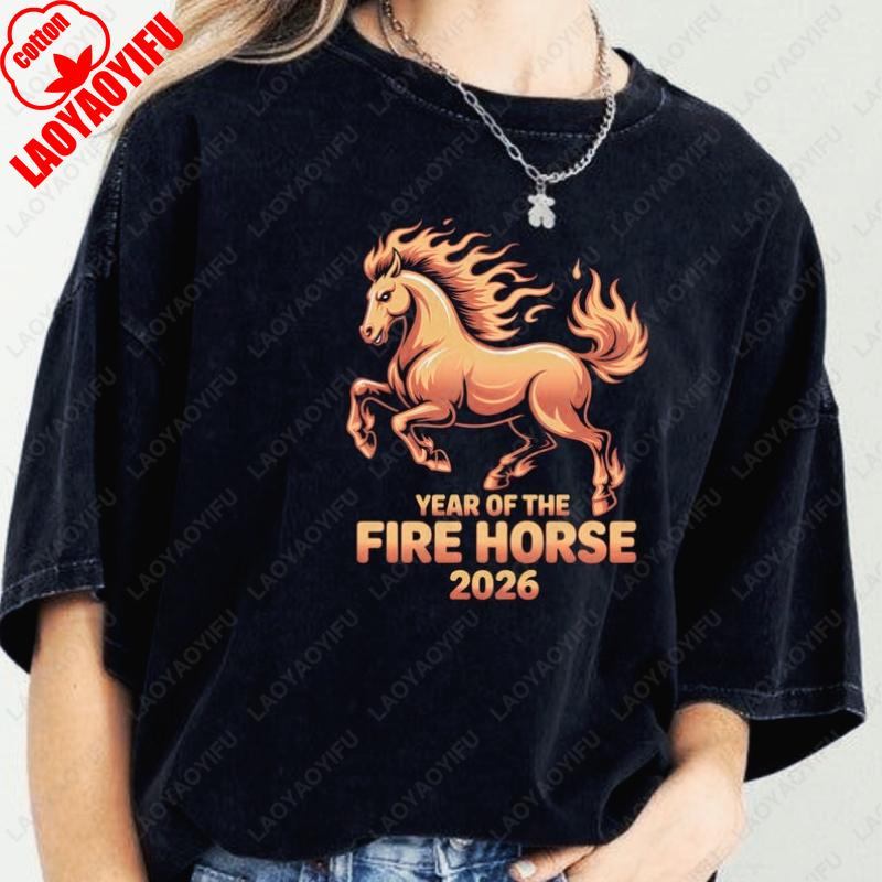 Fire Horse 2026 Women Men Cotton Tees Chinese New Year Graphic Unisex Tshirt Hipster Street Fashion Streetwear Unisex Adult Tops