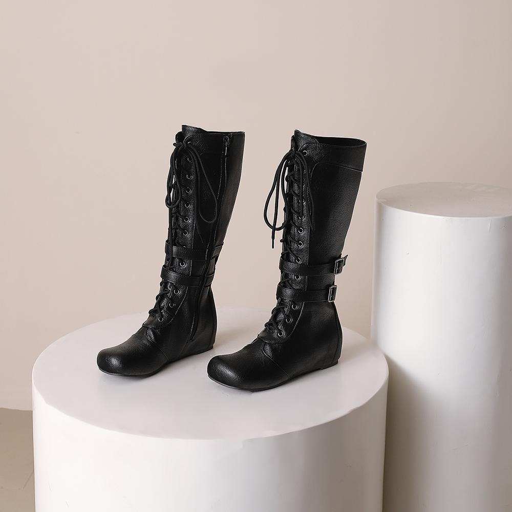 White Brown Women Mid Calf Boots Med Wedge Heel Big Size 50