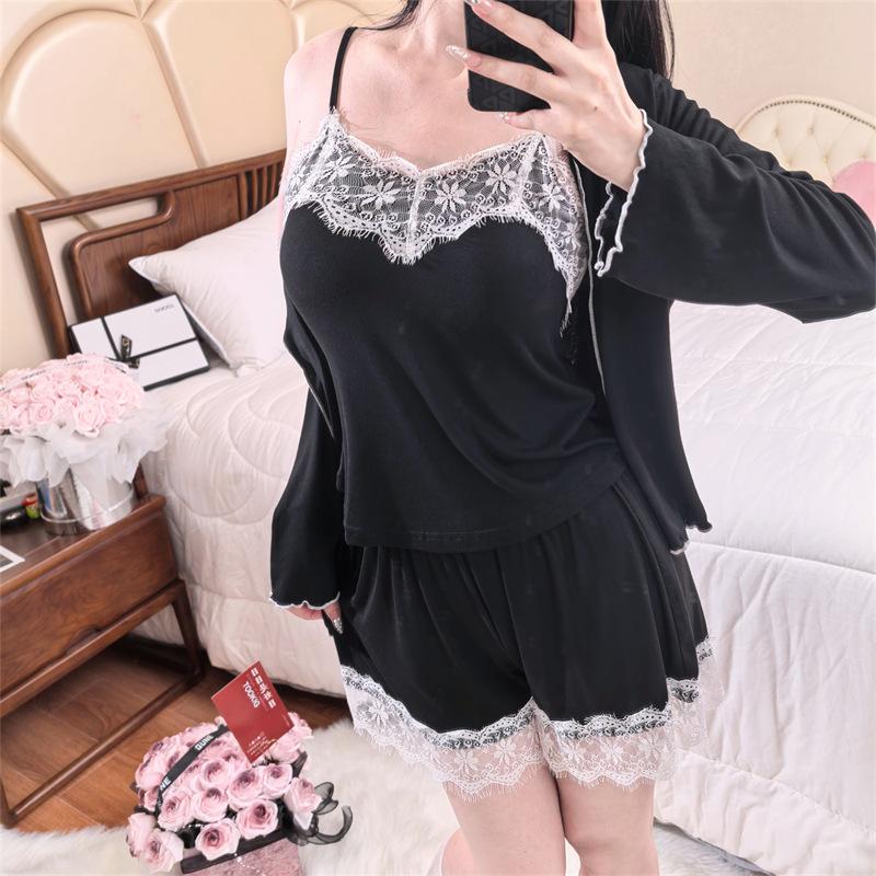 Modal Cotton Long-sleeved Shorts Pajamas Women with Chest Pads Summer Sexy Three-piece Suspender Vest Homewear Girls
