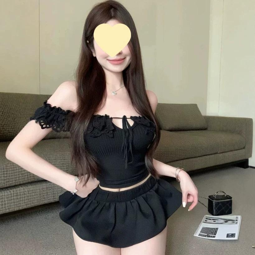 With Chest Pad, One-word Shoulder Lace Hook-up Splicing Short-sleeved Tube Top T-shirt Women's Summer Slim-fitting Waist Tight Pure Desire Top
