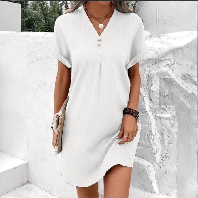 Elegant 2025 Women's V-Neck Solid Color Casual Button Dress